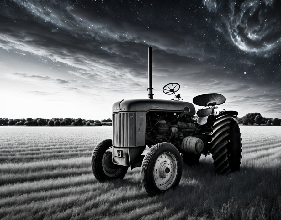 Vintage tractor in field at dusk with dramatic sky and spiral galaxy.