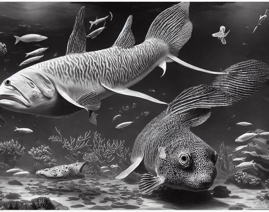 Detailed Monochrome Underwater Fish Scene Illustration