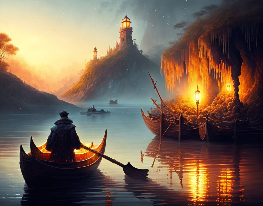 Fantasy landscape at dusk: river boats, glowing lanterns, lighthouse, illuminated stalactites