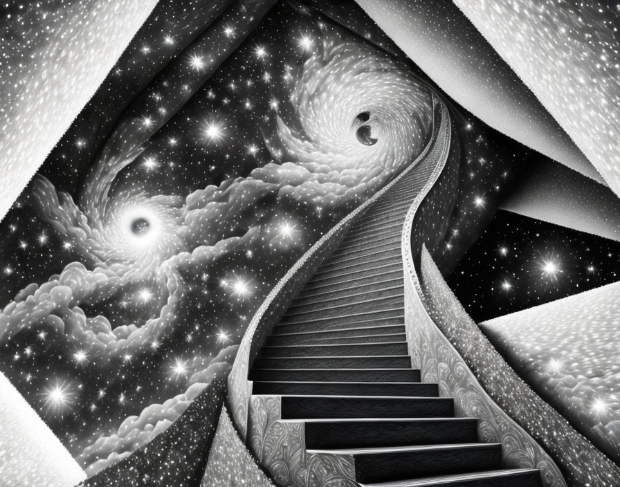 Surreal black-and-white image: Staircase winding into cosmic skies