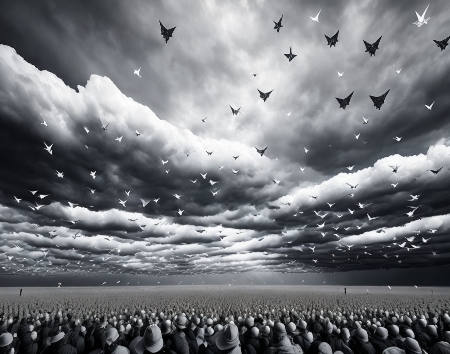 Monochrome image of paper planes above crowd with hats under cloudy sky