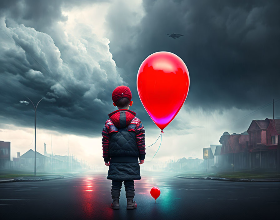 Child with red heart-shaped balloon under stormy sky