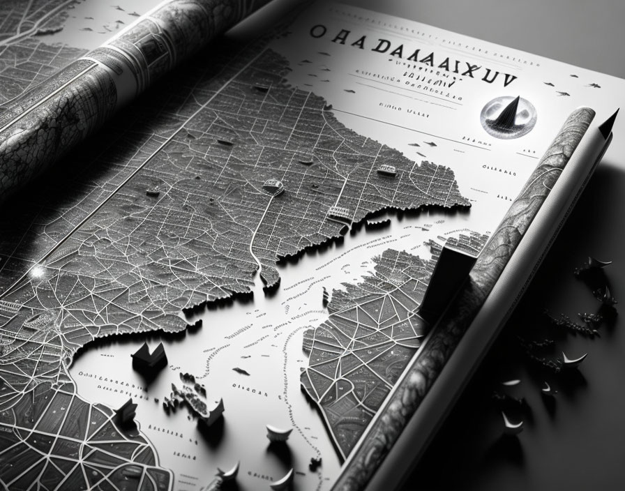 Detailed monochrome map with compass, pins, and scroll for travel theme.