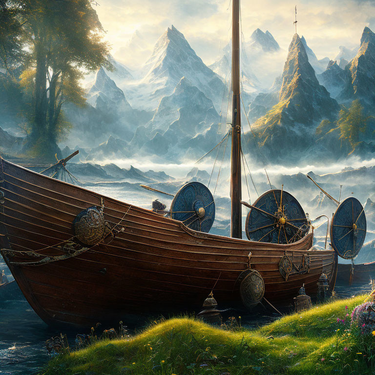 Viking longships by serene riverbank with misty mountains and ethereal light