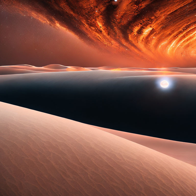 Starry Desert Dunes with Glowing Sun and Galaxy