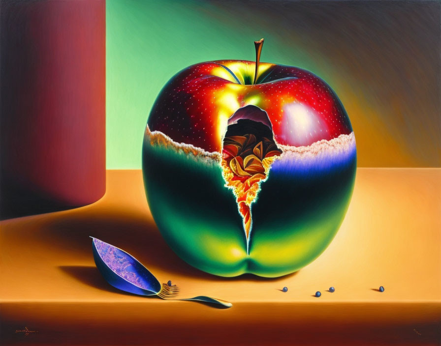 Surreal painting: Apple, cosmic scene, butterfly, spoon, blue liquid, seeds on table