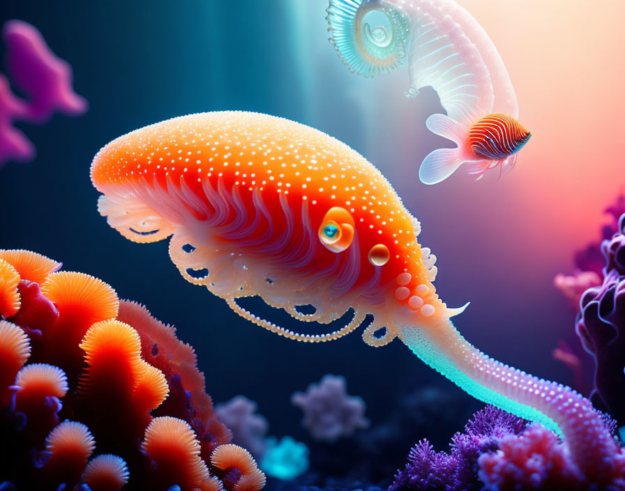 Vibrant illustration of fantastical sea creature with bioluminescent tentacles
