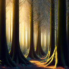 Mystical forest with towering trees and golden sunlight.