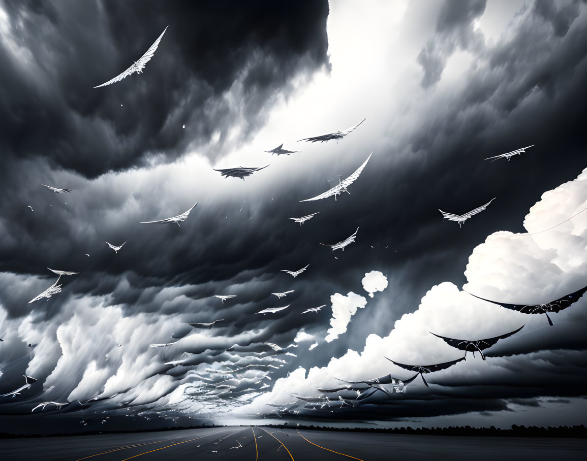 Manta Rays Flying Over Deserted Runway in Stormy Scene