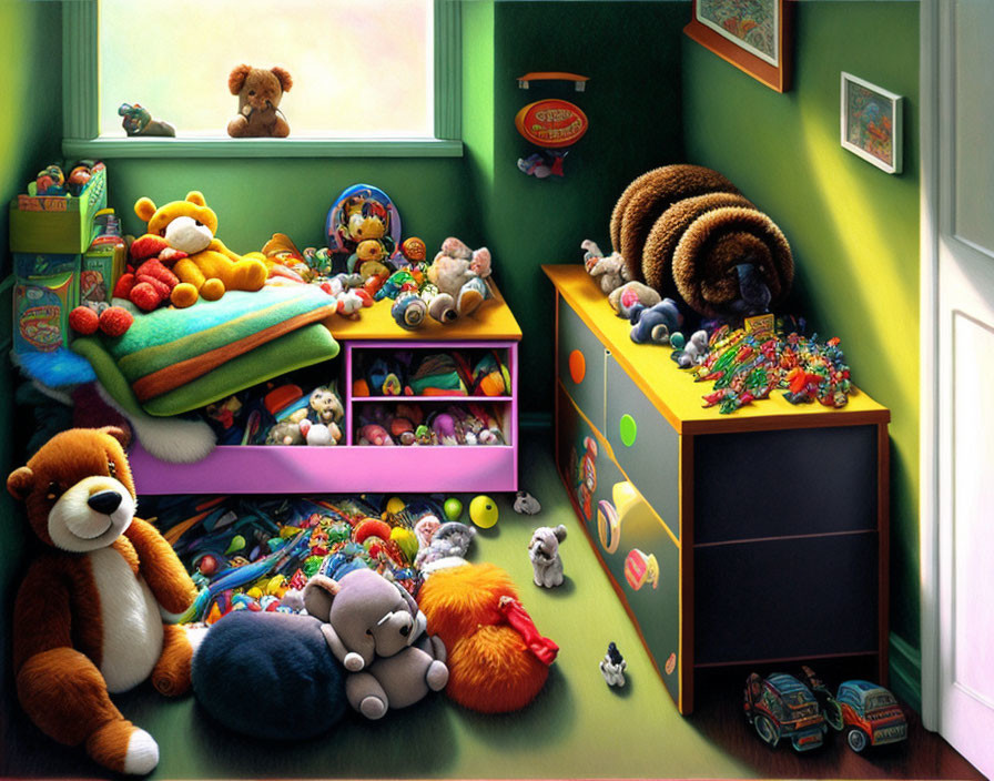 Toy-filled Room with Plush Animals and Cat on Shelf