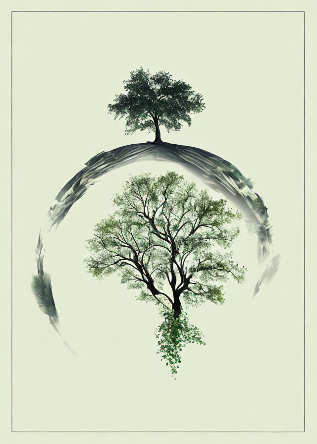 Circular Artistic Representation: Mirrored Trees on Pale Background