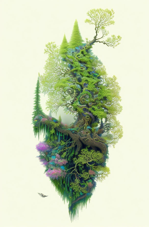 Detailed Fractal Tree Artwork with Greenery and Bird on Pale Background
