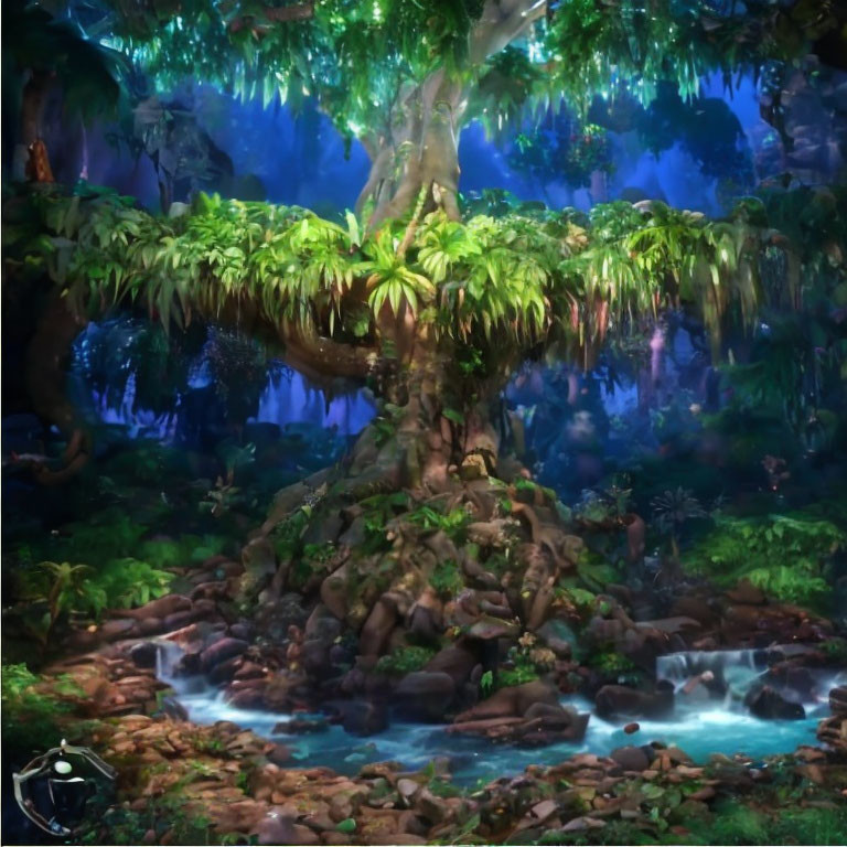Majestic tree in enchanting forest with serene stream