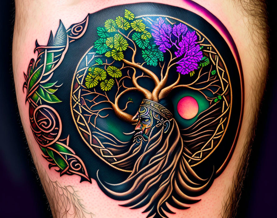 Vibrant Celtic tree tattoo with intricate branches and moon