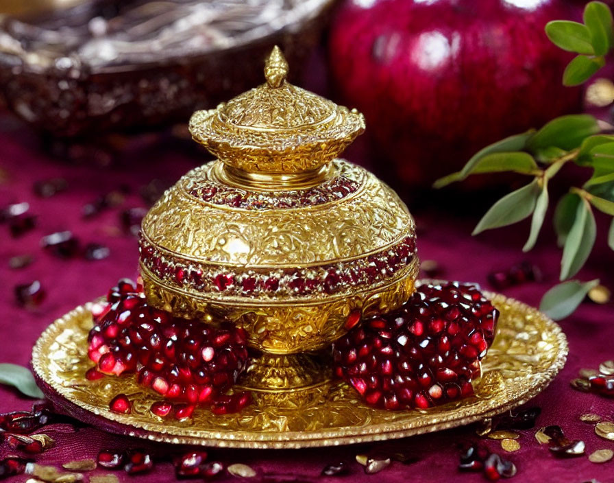 Golden casket and pomegranates on tray with dark background