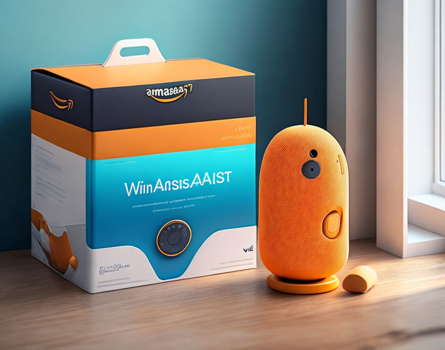 Orange Egg-Shaped Smart Speaker Near Packaging Box by Window