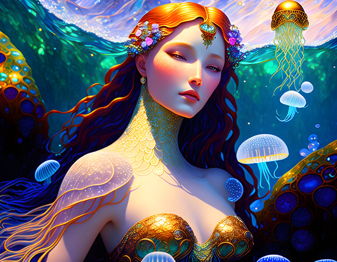 Red-haired mermaid surrounded by glowing jellyfish and coral in underwater scene