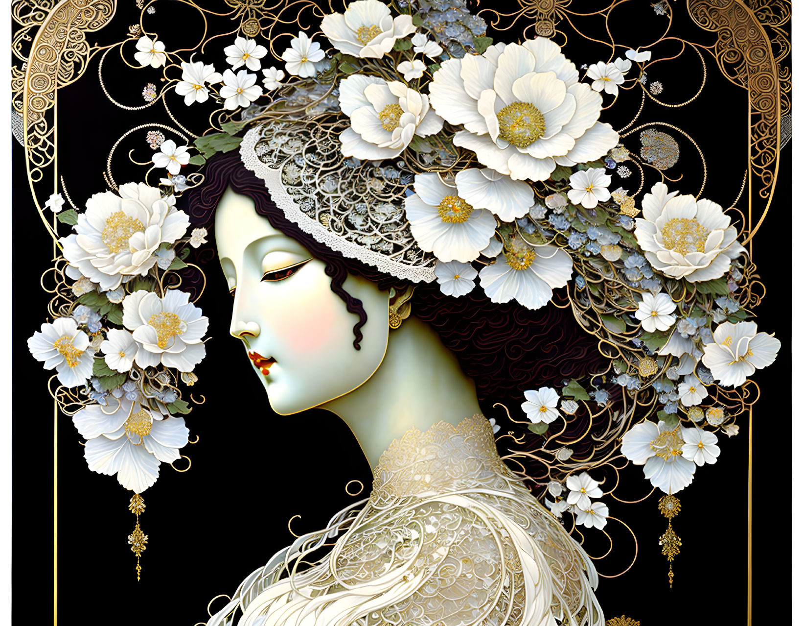Stylized illustration of woman with pale skin and white flowers on black background