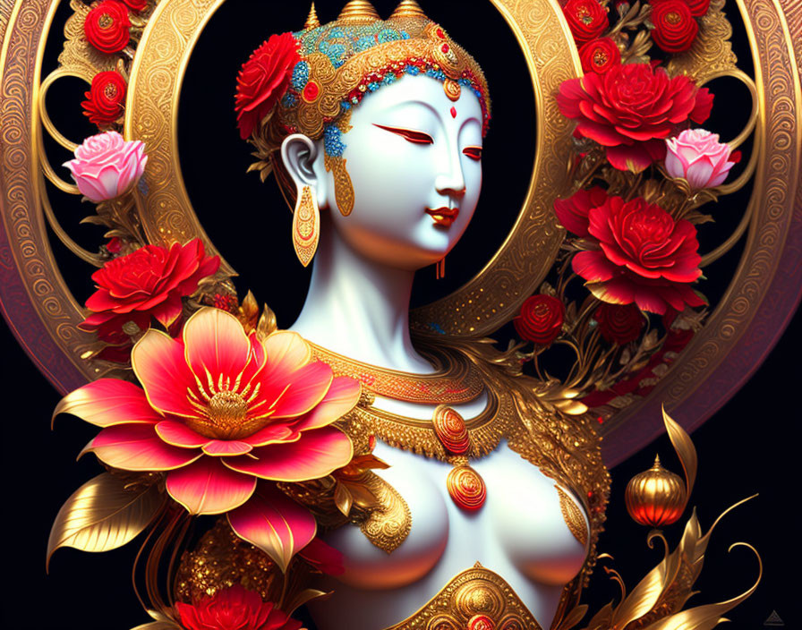 Digital Artwork: Serene Figure with Asian Features and Ornate Halo