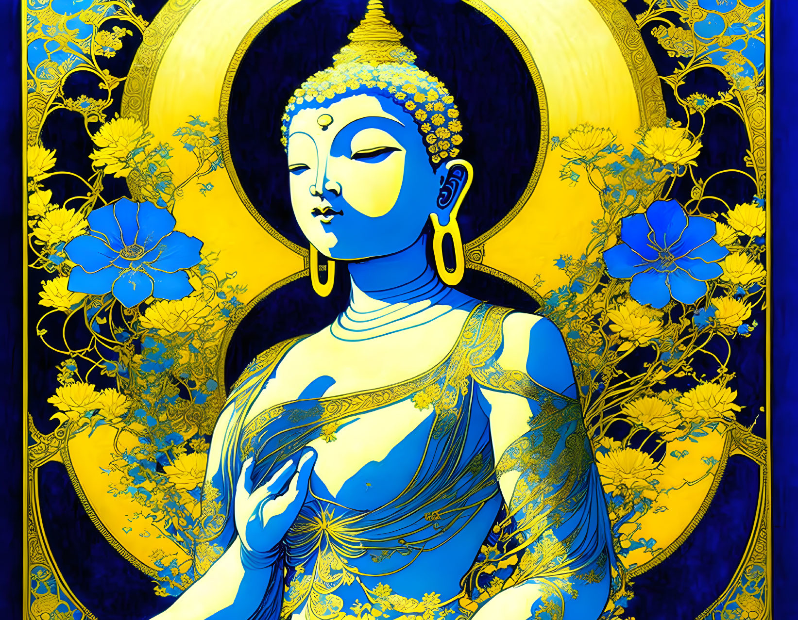 Blue and Gold Buddha Artwork with Radiant Halo and Floral Surroundings