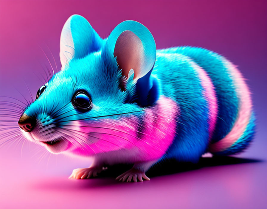 Digitally altered mouse with blue and pink stripes on a purple background