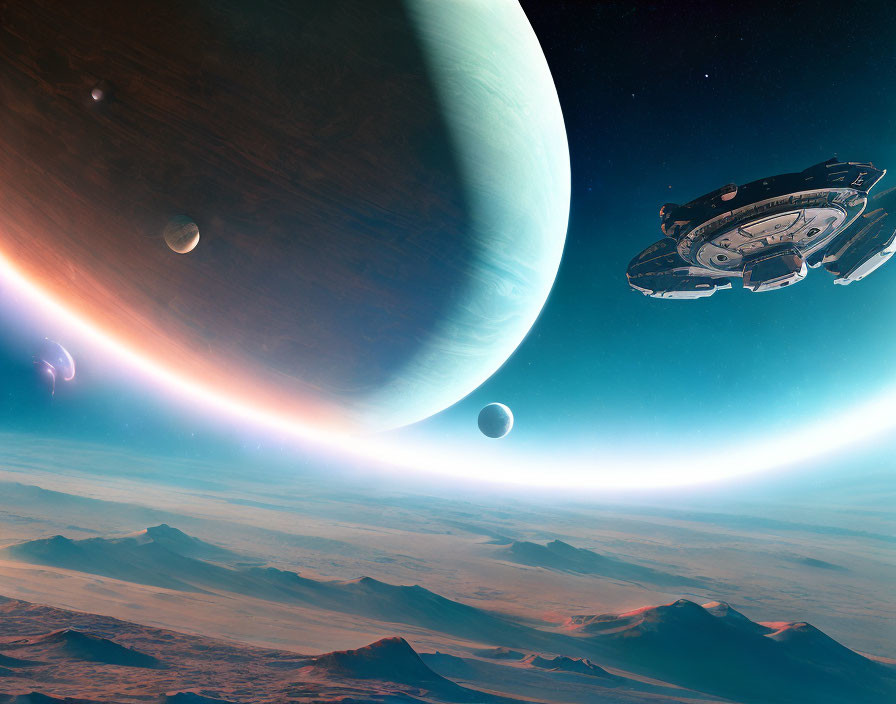Spaceship flying over alien landscape with mountains and ringed planet in sky