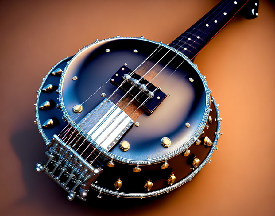 Shiny blue banjo with metallic circular body and dark fretted neck on brown surface