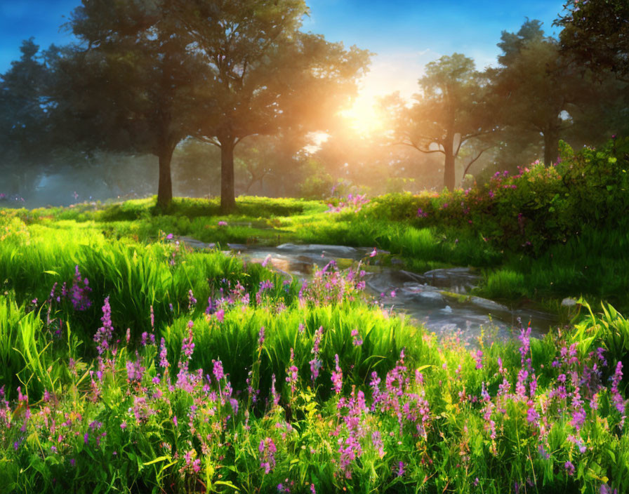 Tranquil meadow with sunlight, trees, stream, green grass, and purple flowers