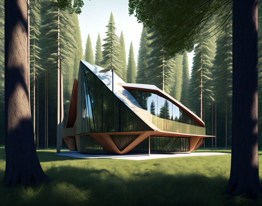 Geometric cabin with large glass windows in forest setting