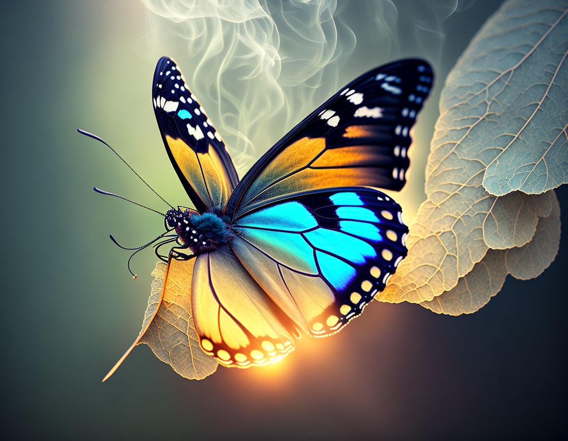 Colorful Butterfly Resting on Leaf with Mystical Glow and Smoke Swirls