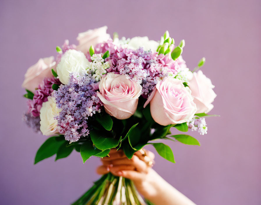 Person holding bouquet of pink roses and lilac blooms on purple background