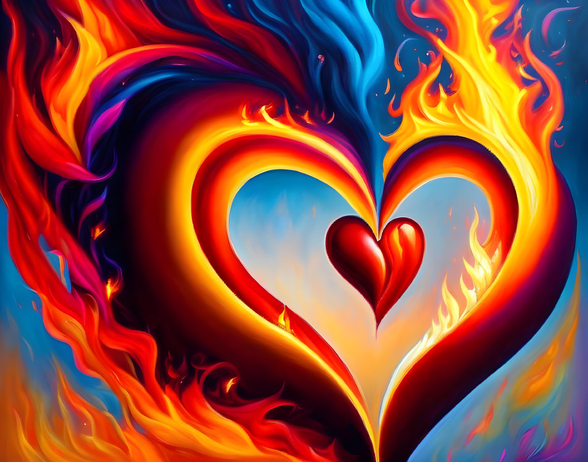 Heart-shaped fire and flames in cool blue tones symbolizing passion and calm emotions
