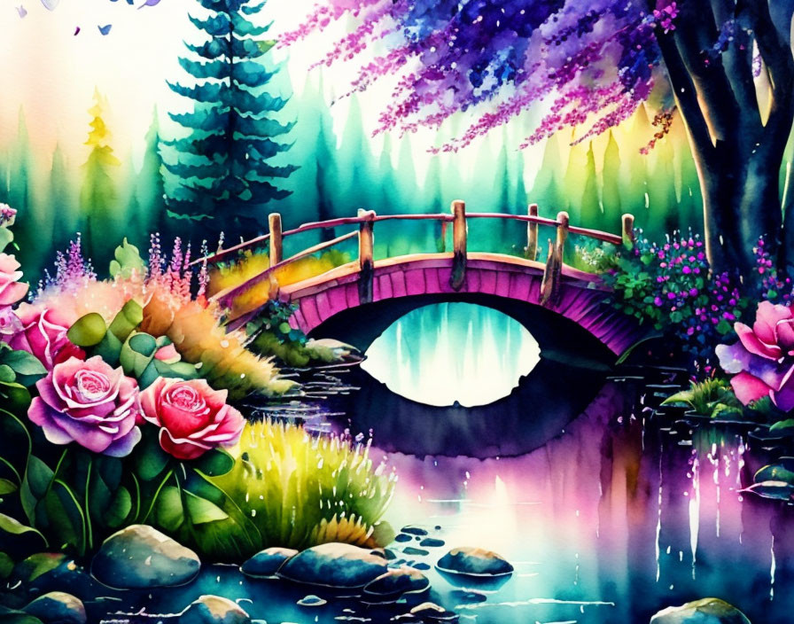 Colorful painting of whimsical garden with wooden bridge and blooming flowers