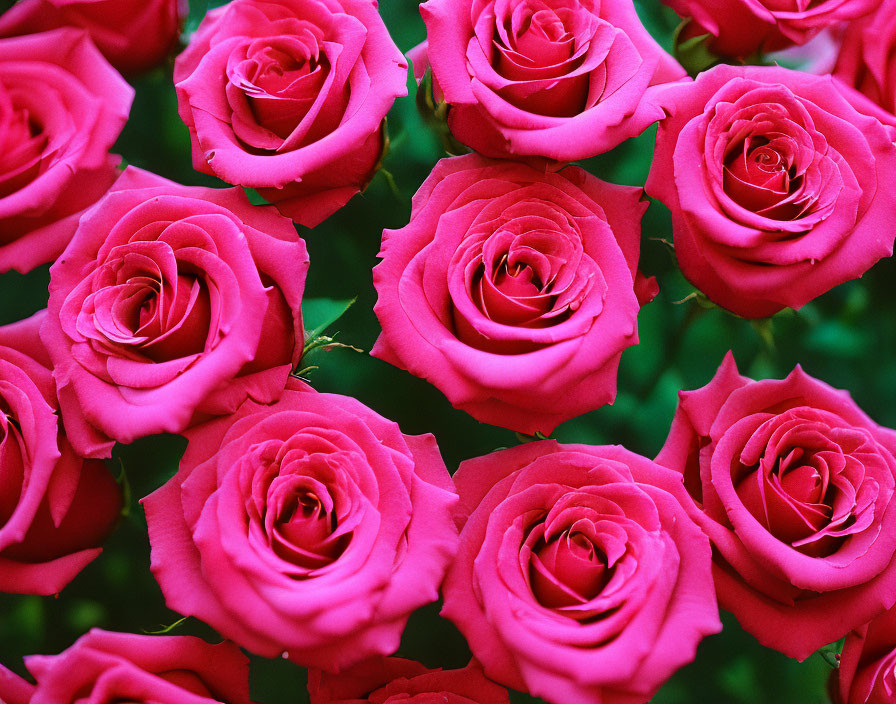 Pink Roses in Full Bloom Against Green Background