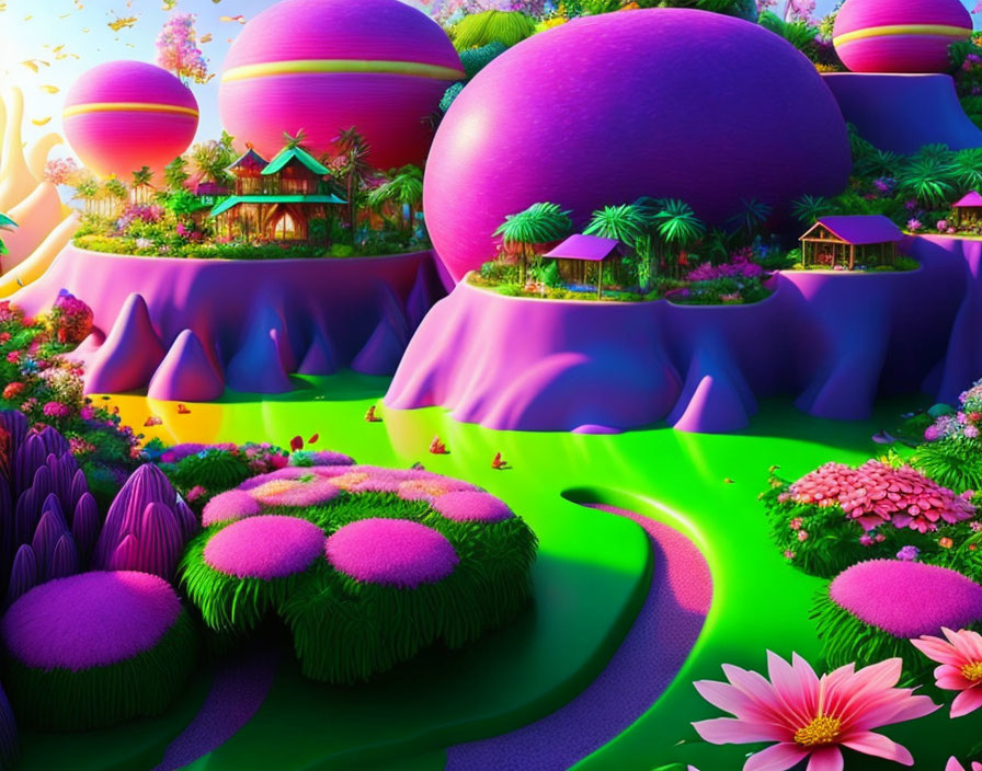 Colorful Fantasy Landscape with Purple Hills, Green Rivers, and Pink Structures