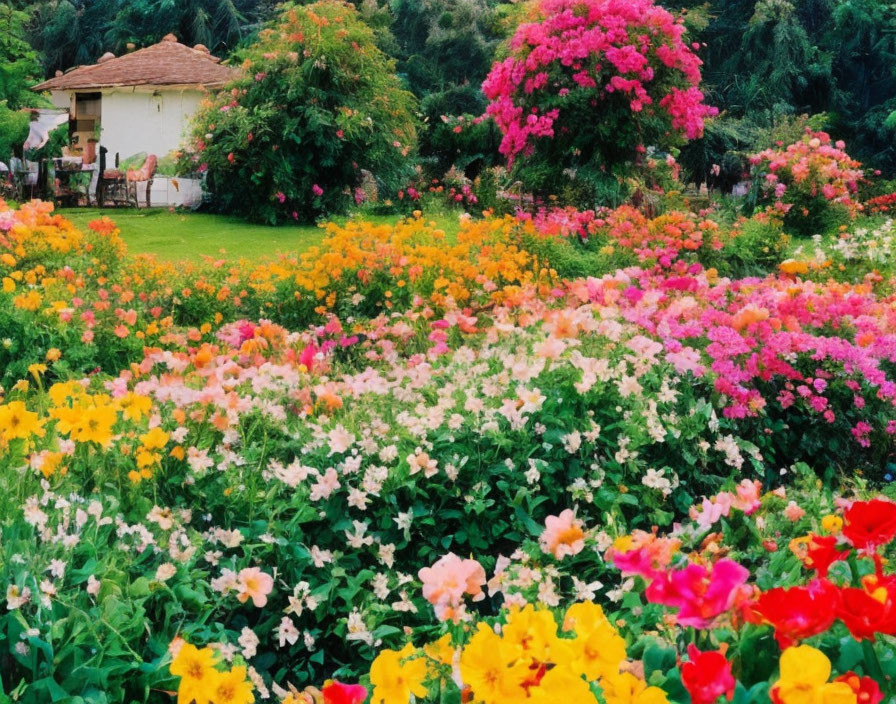 Colorful Flower Garden in Front of Quaint House with Tiled Roof