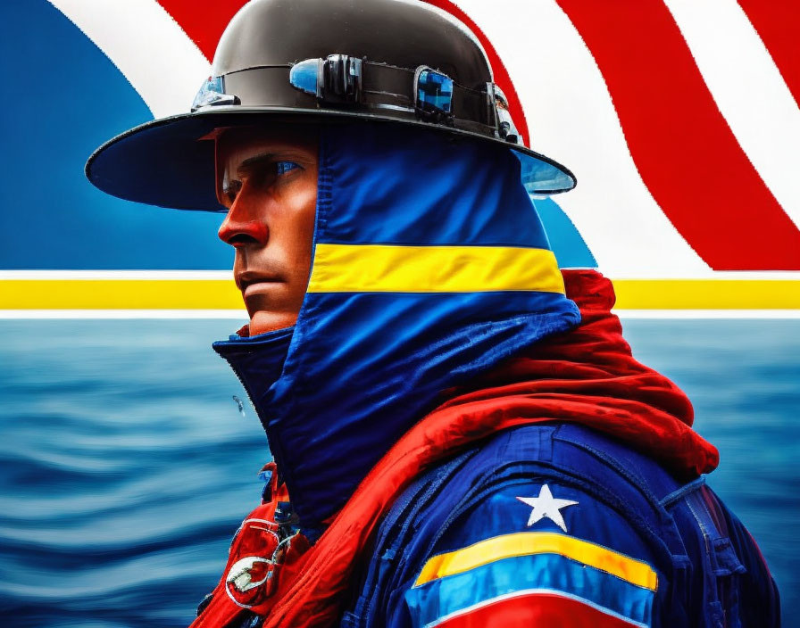 Firefighter in uniform against patriotic backdrop of blue, red, and yellow stripes.