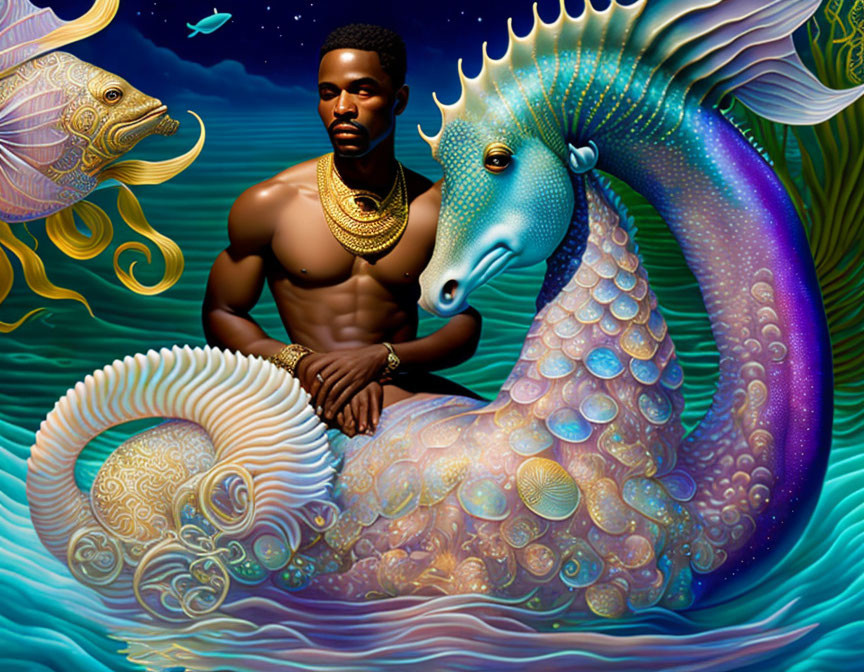 Shirtless man with sea creature in vibrant underwater scene