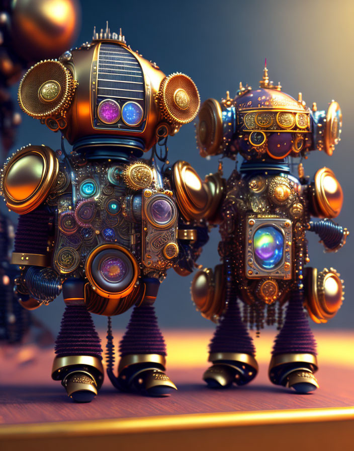 Steampunk-inspired robots with ornate metal designs and glowing purple elements