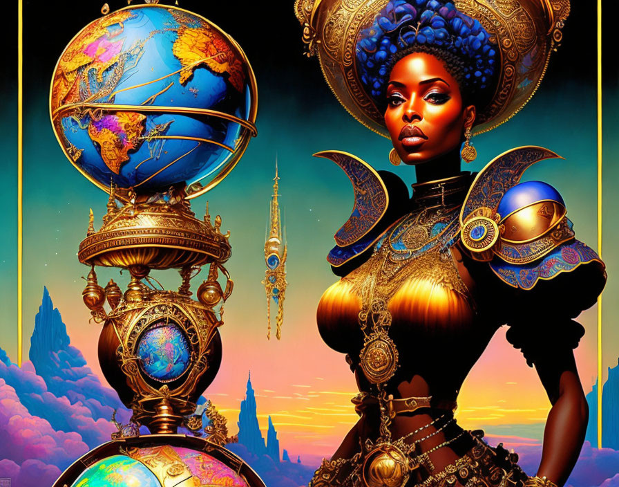 Regal woman in golden armor with fantasy landscapes and clockwork structure