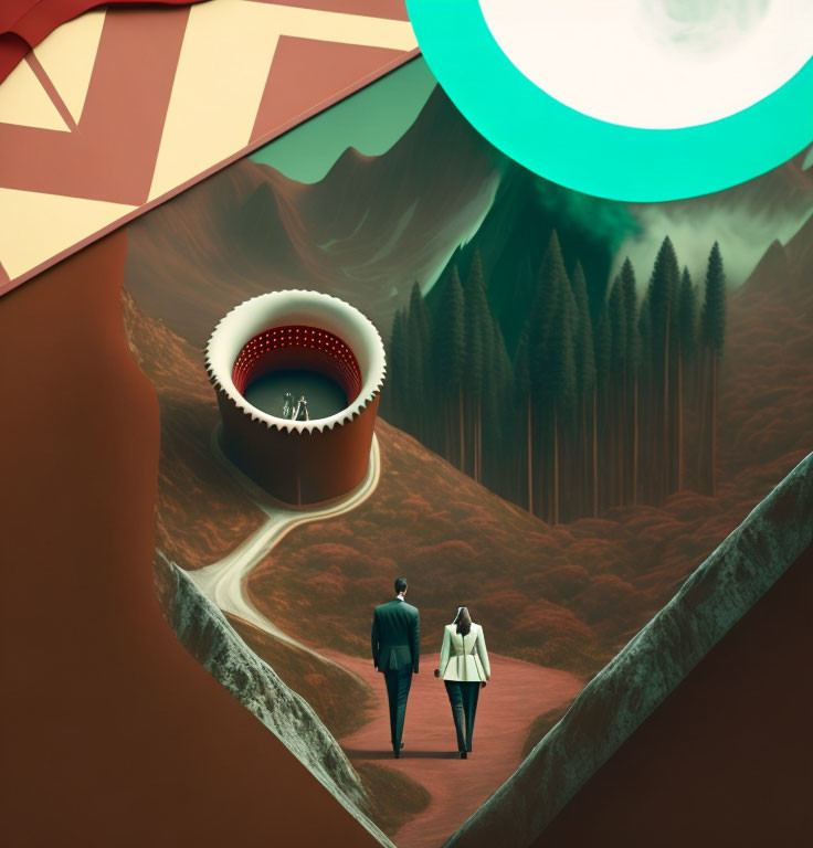 Two individuals approaching giant coffee cup in surreal landscape