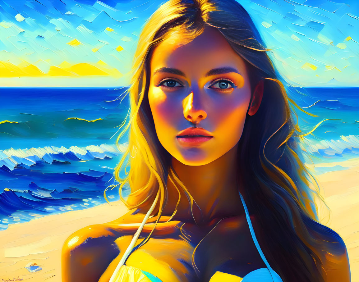 Blonde Woman in Blue Bikini with Colorful Beach Background