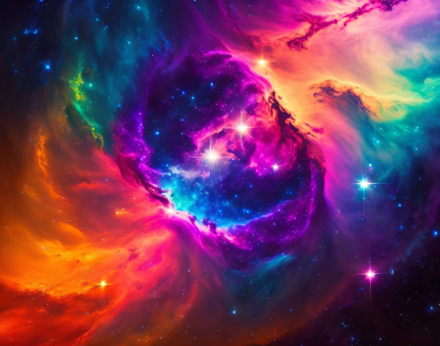 Colorful cosmic nebula with swirling blue, purple, orange, and pink hues.