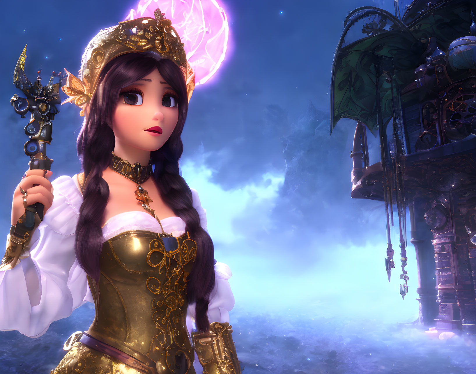 Animated female character with large eyes holding a scepter in gold and white outfit against mystical night sky.