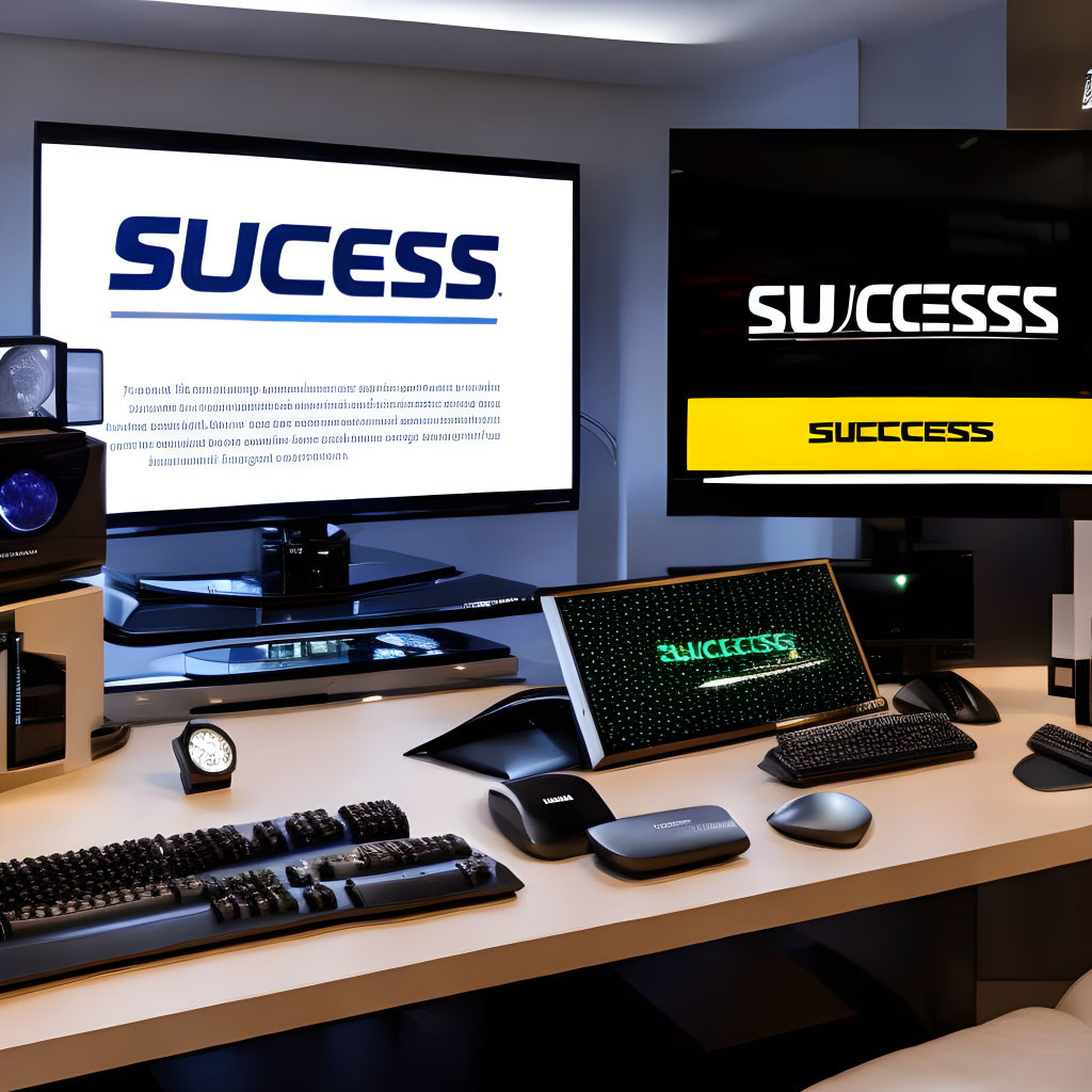 Contemporary workspace with multiple screens showing "SUCCESS" in different fonts and sizes, featuring computers and smartphone