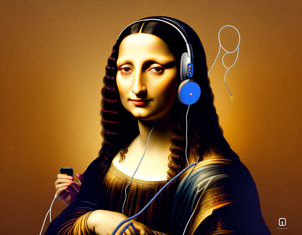 mona lisa using headphones listening to music on a