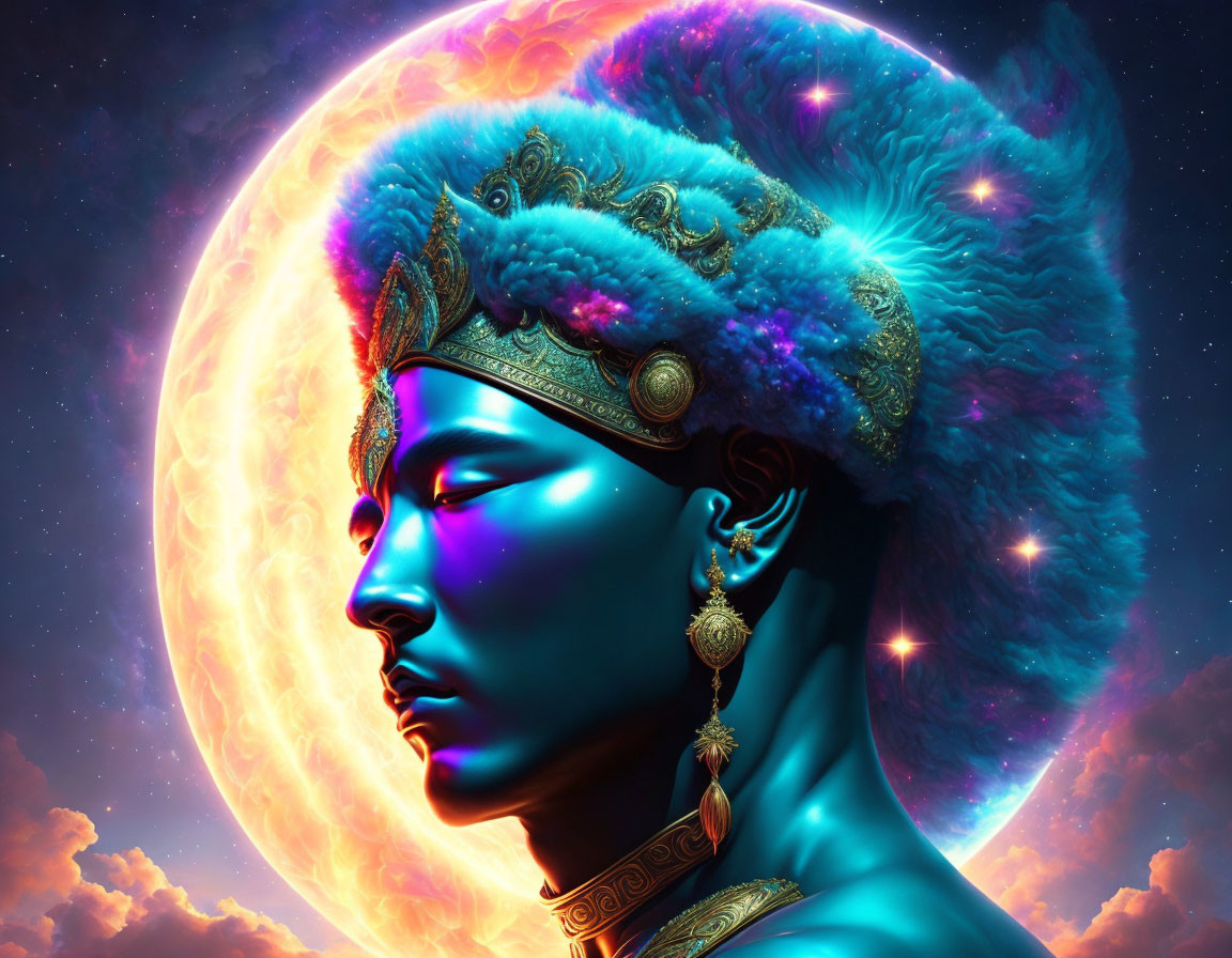 Digital artwork of serene female figure in ornate headgear against cosmic backdrop.