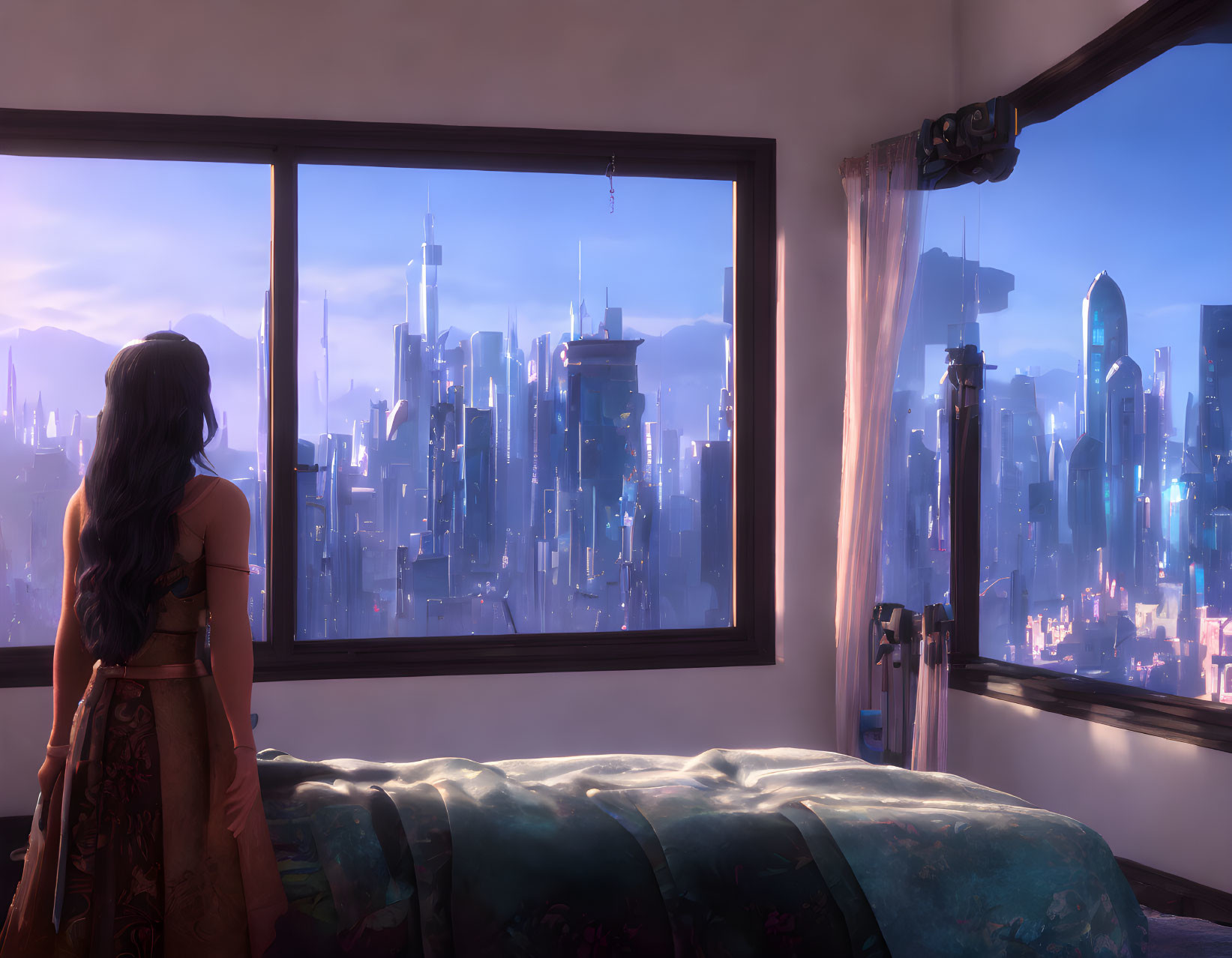 Person admires futuristic cityscape from bedroom window at dawn or dusk