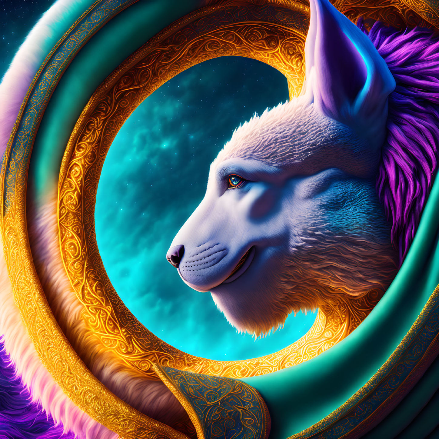 Colorful Wolf Profile Illustration with Cosmic Background in Ornate Golden Frame