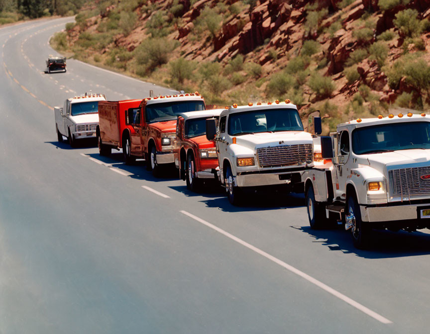 Five colorful trucks driving through desert landscape on highway